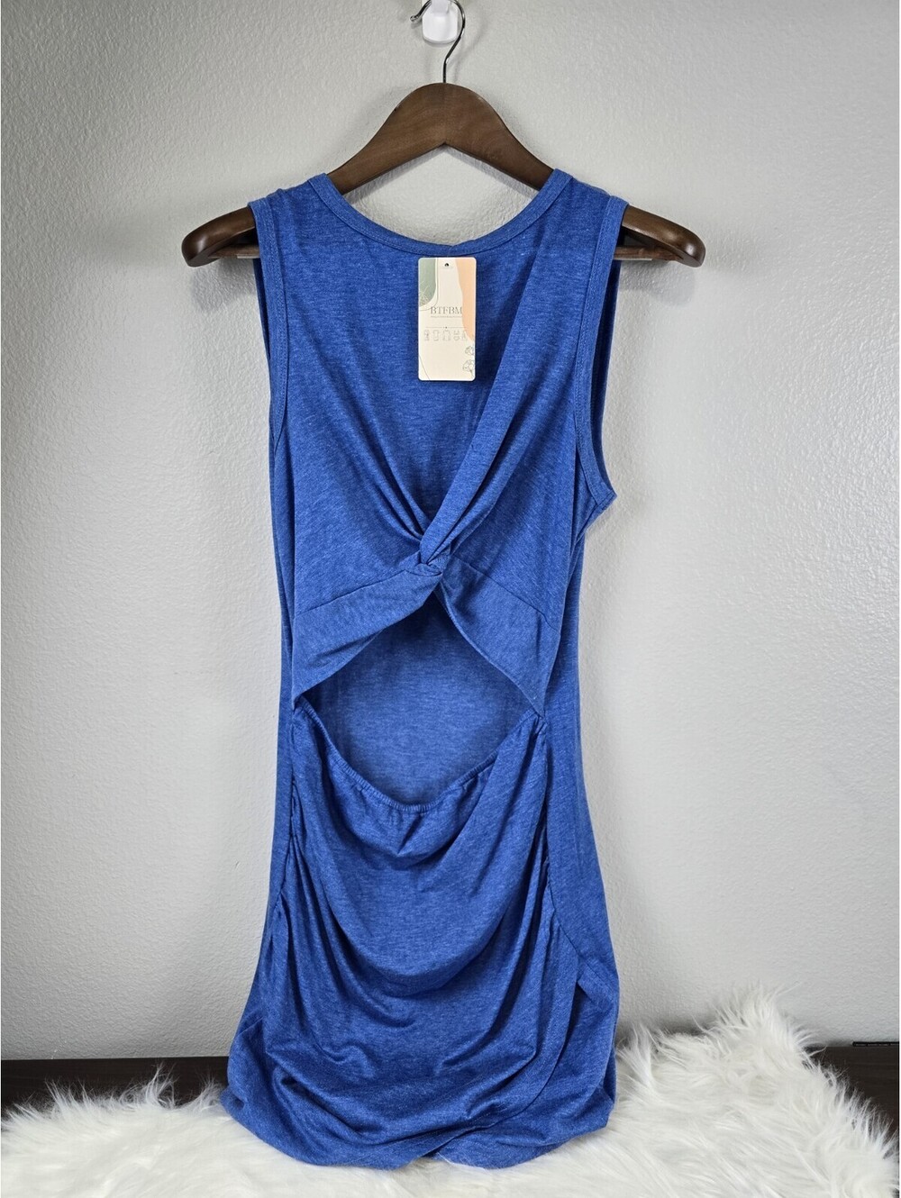 Womens Blue Size Large Dress Short Open Stomach Area with Rouching On Skirt NWT